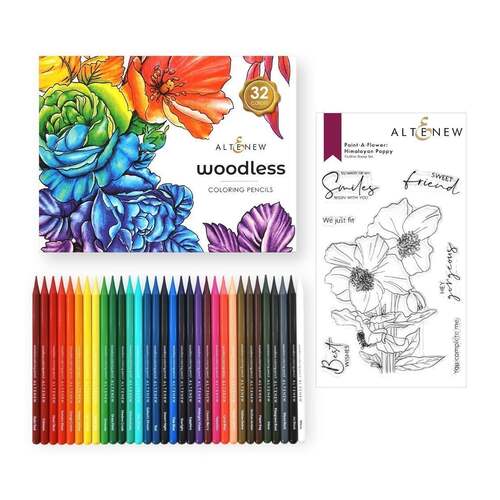 Altenew Paint-a-Flower : Himalayan Poppy Outline Stamp Set & Woodless Colouring Pencils Bundle