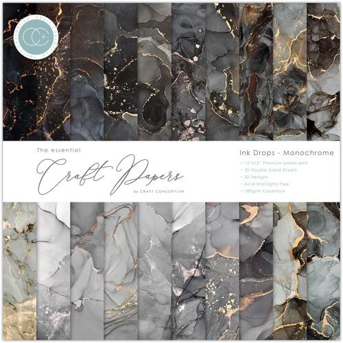 Craft Consortium Ink Drops Monochrome 12" : The Essental Craft Papers Pad
