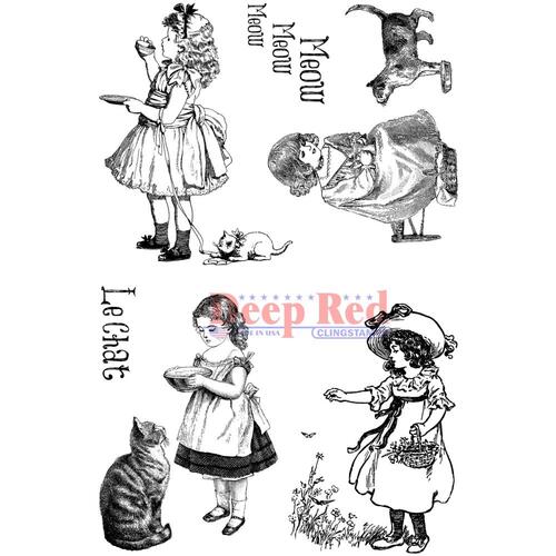 Deep Red Stamp Victorian Girls with Kittens