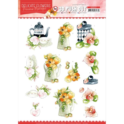 Precious Marieke Delicate Flowers 3D Decoupage Push Out Sheet Teapot