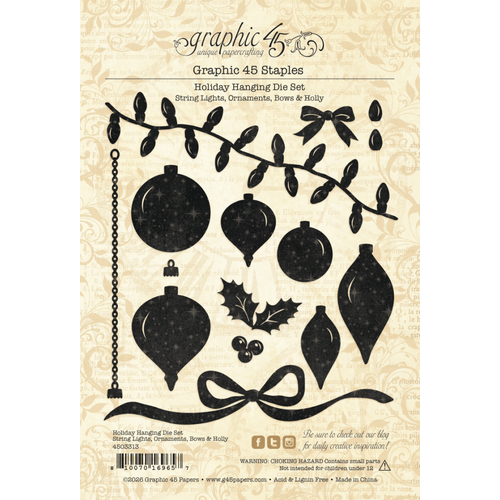 Graphic 45 Holiday Hanging Die Set - String Lights, Ornaments, Bows & Holly