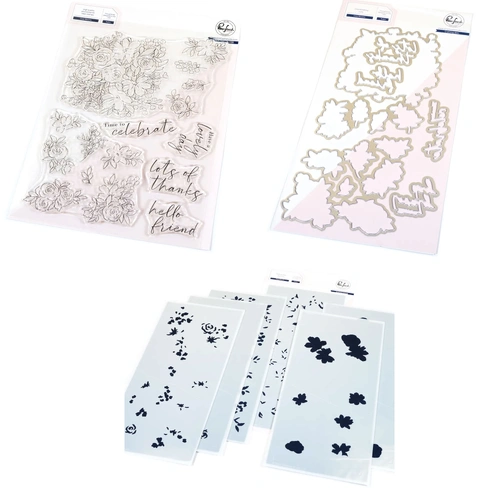 PinkFresh Studio Cozy Blooms Stamp, Die & Stencil Bundle