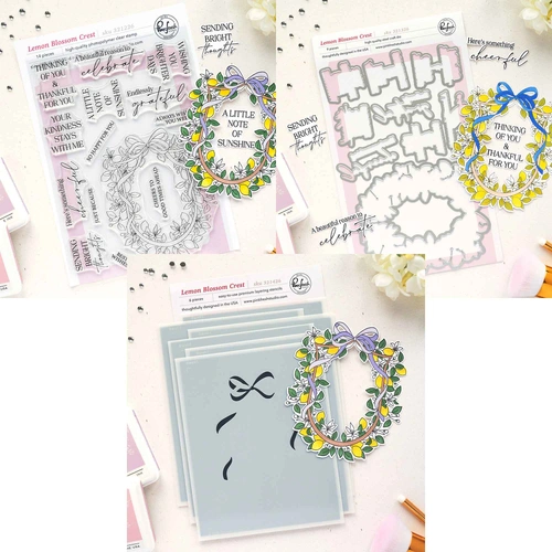 PinkFresh Studio Lemon Blossom Crest Stamp, Die & Stencil Bundle