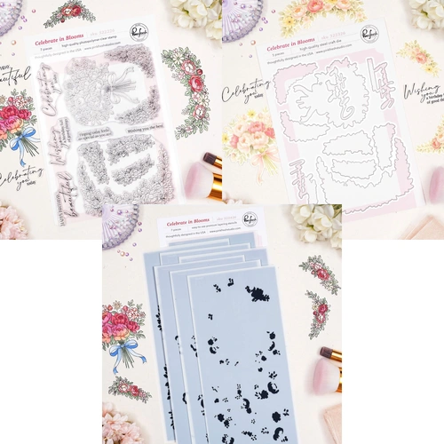 PinkFresh Studio Celebrate In Blooms Stamp, Die & Stencil Bundle