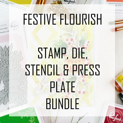 PinkFresh Studio Festive Flourish Stamp, Die, Stencil & Press Plate Bundle