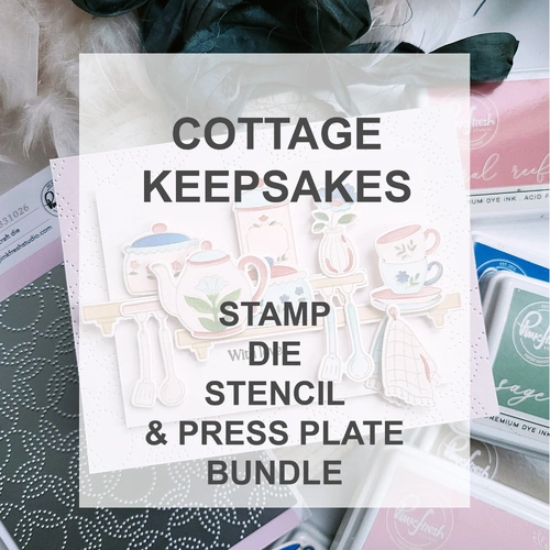 PinkFresh Studio Cottage Keepsakes Stamp, Die, Stencil & Press Plate Bundle