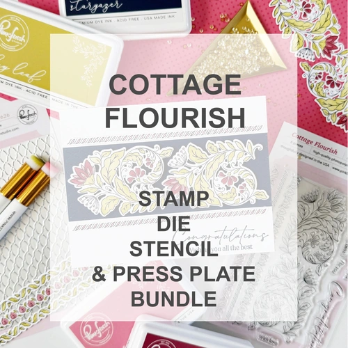 PinkFresh Studio Cottage Flourish Stamp, Die, Stencil & Press Plate Bundle