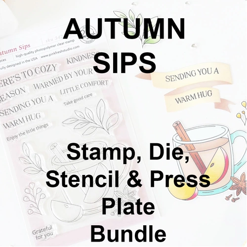 PinkFresh Studio Autumn Sips Stamp, Die, Stencil & Press Plate Bundle