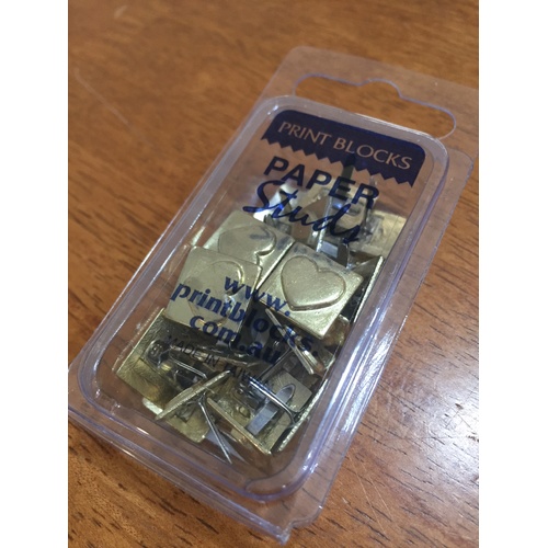 Print Blocks Brads Metal Heart Square Gold 25pc