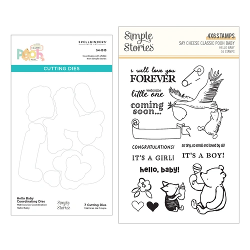 Spellbinders Hello Baby Stamp & Die Bundle from the Say Cheese Classic Pooh Baby Collection with Simple Stories
