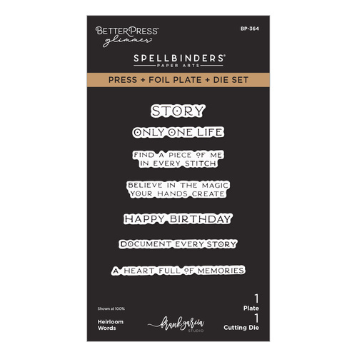 Spellbinders Heirloom Words Press + Foil Plate & Die Set from the Buttons & Keepsakes Collection by Frank Garcia Garcia