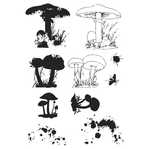 Sizzix A5 Clear Stamps Set 10PK w/2P Framelits Die Painted Pencil Mushrooms?¨by 49 and Market