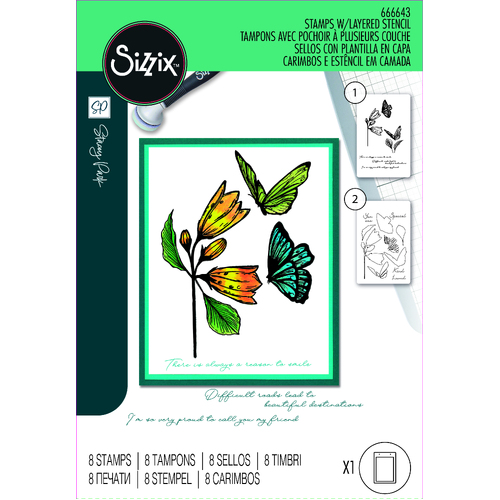 Sizzix A5 Clear Stamps Set 8PK w/Stencil Cosmopolitan, Farfallina by Stacey Park
