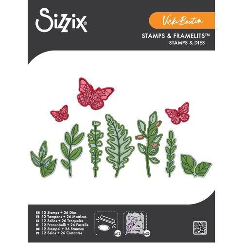 Sizzix Clear Stamps Set 12PK w/26PK Framelits Die  Greenery Layers #1 by Vicki Boutin