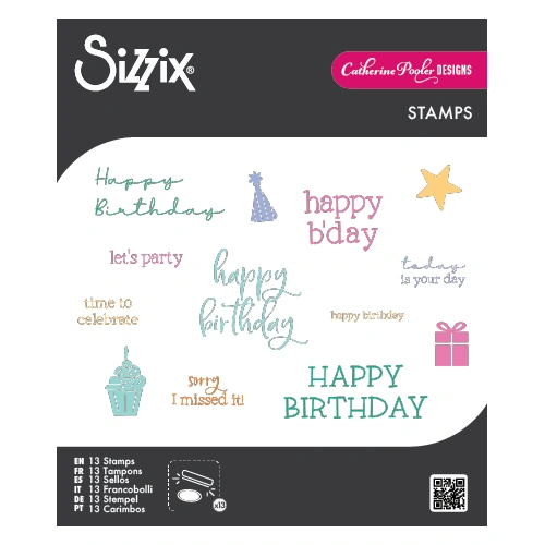 Sizzix Clear Stamps Set 13PK Print & Pattern Birthday Sentiments by Catherine Pooler