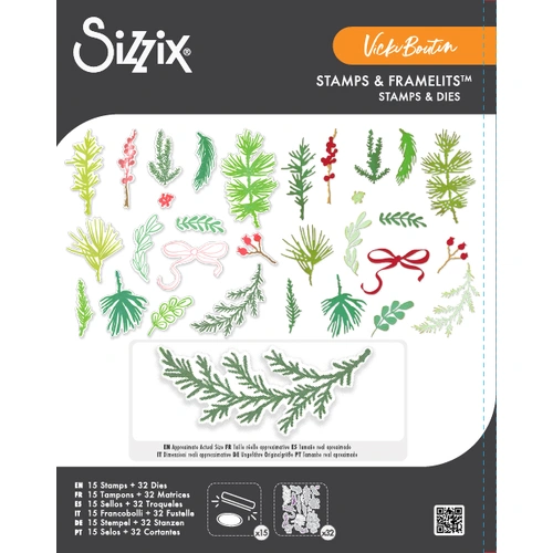 Sizzix Clear Stamps Set 15PK w/32PK Framelits Die Set Winter Greenery by Vicki Boutin