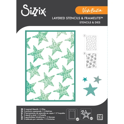 Sizzix A4 Stencil 2PK w/3PK Framelits Die Set Script Layering Stars by Vicki Boutin