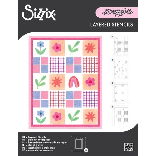 Sizzix A6 Stencil 4PK Flowers & Stripe Pattern Letters by Shells